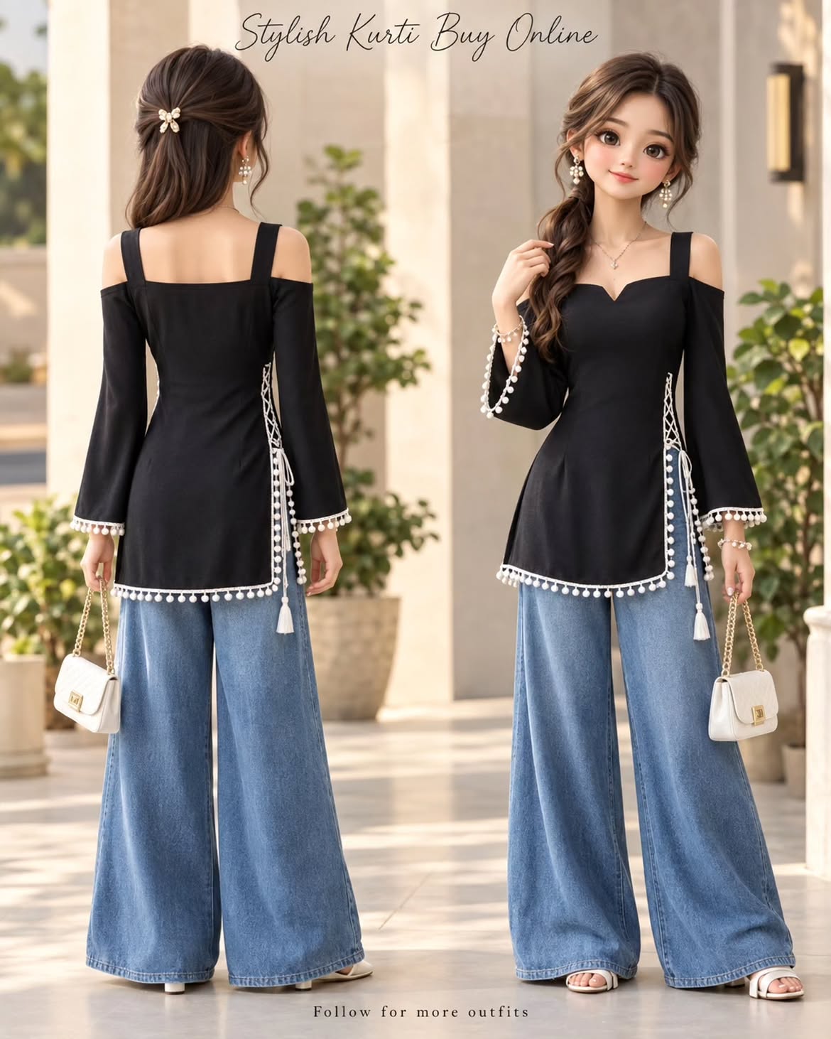 Printed Kurti with Wide-Leg Denim Set