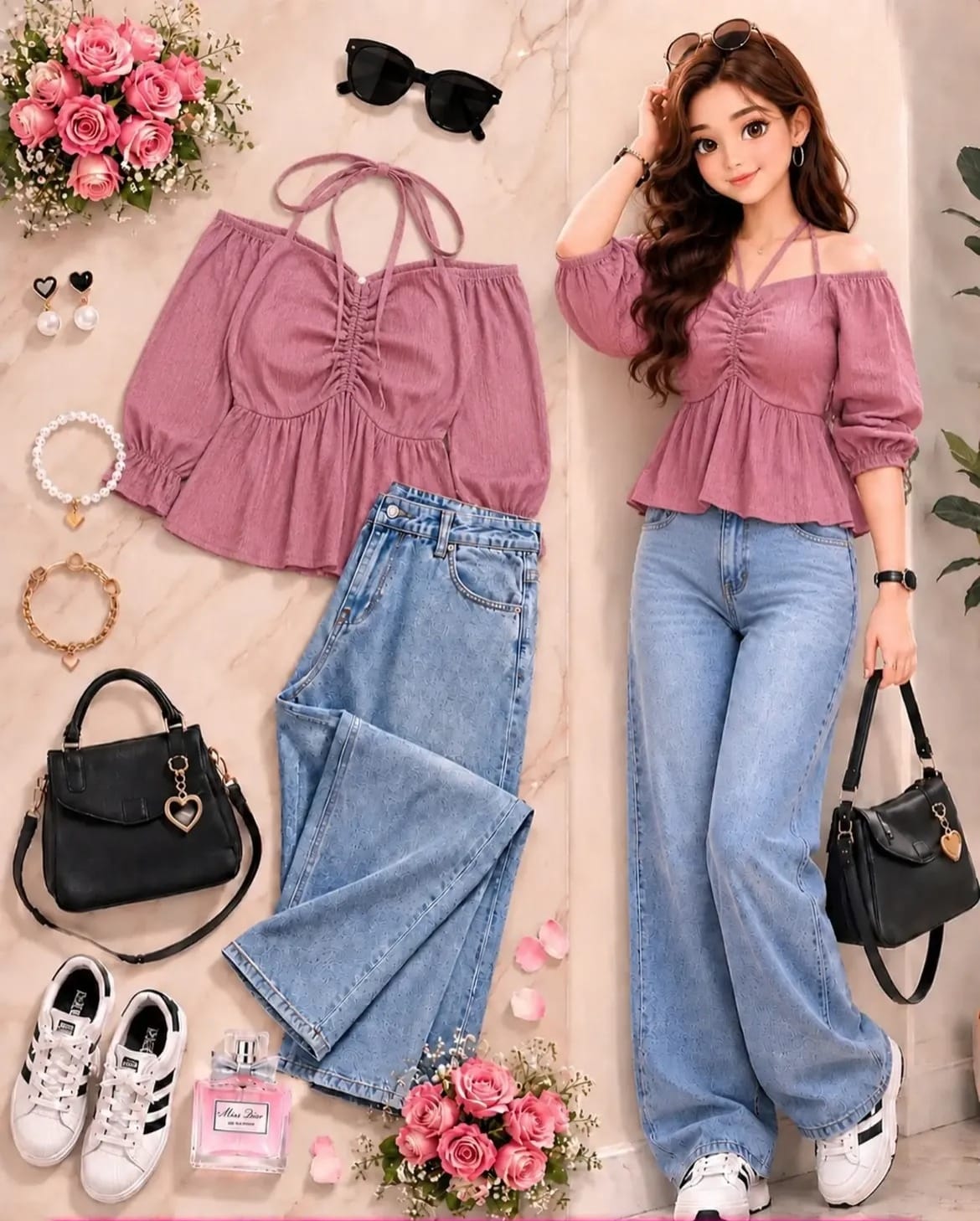 Lace Detail Top & Wide-Leg Denim Set