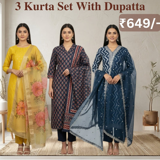 Women's Pack of 3 Pure Cotton Kurtis with Pant & Dupatta | C-06