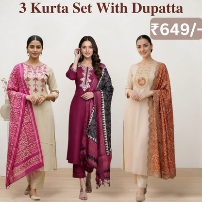 Women's Pack of 3 Pure Cotton Kurtas Pant Set without Dupatta |C-020