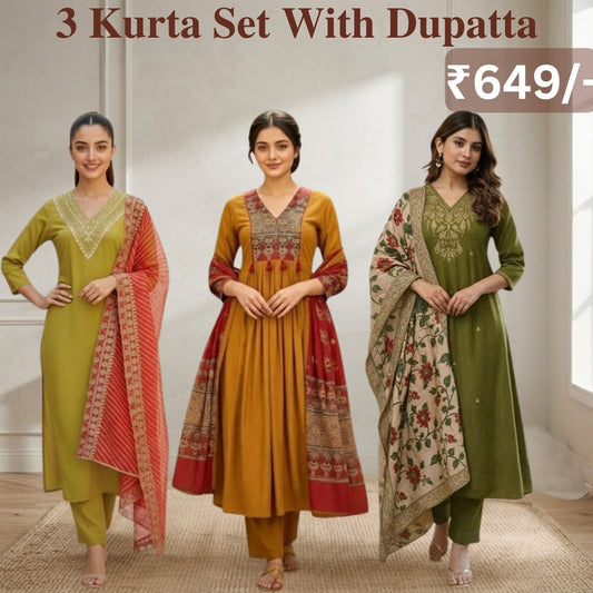 Women's Pack of 3 Pure Cotton Kurtis with Pant & Dupatta |C-017