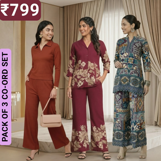 Pack of 3 Women’s Premium Printed Co-Ord Set Combo  (P-05)