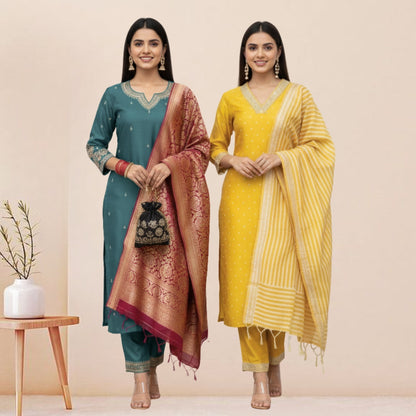 Women's Pack of 3 Pure Cotton Kurtis with Pant & Dupatta |C-05