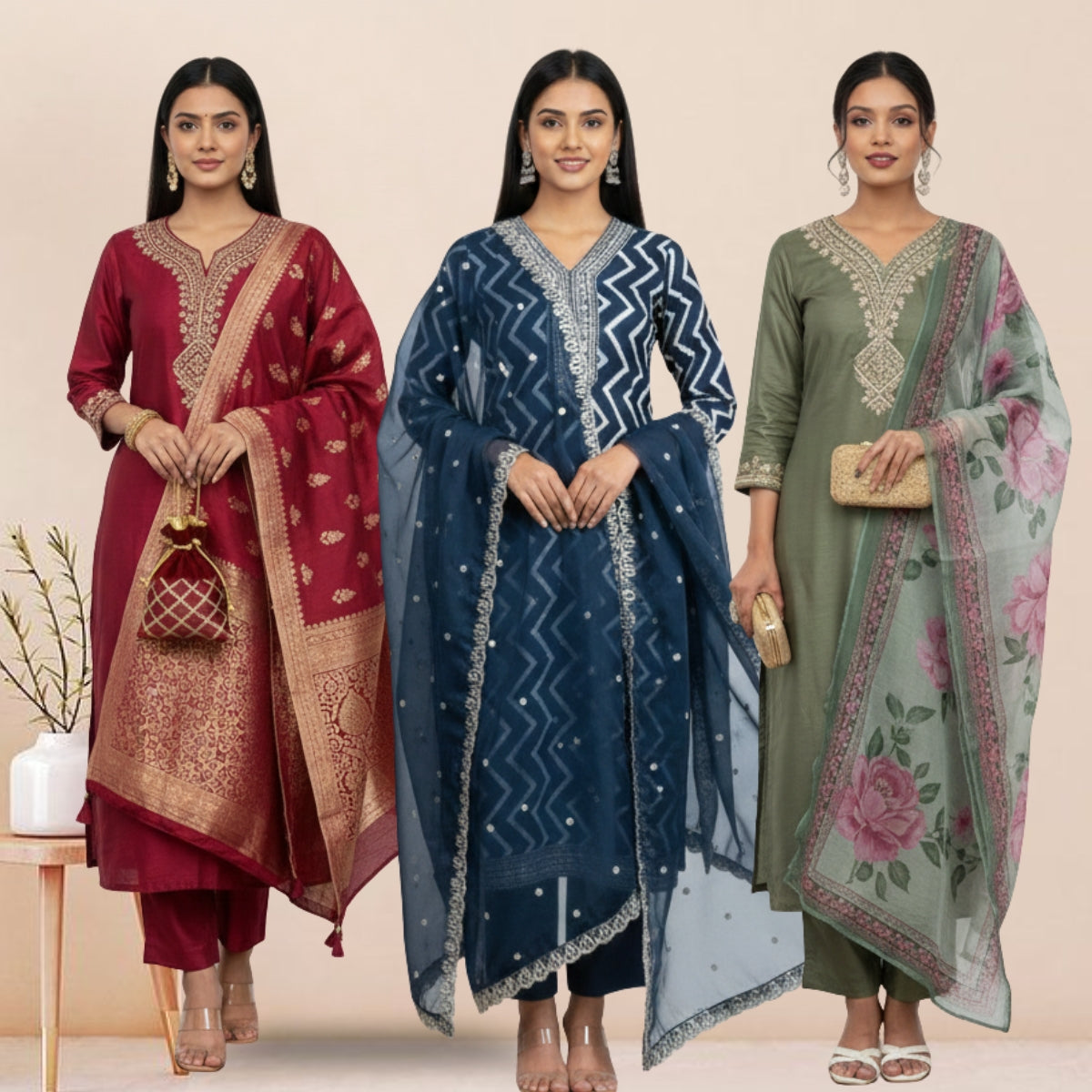 Women's Pack of 3 Pure Cotton Kurtis with Pant & Dupatta |C-01