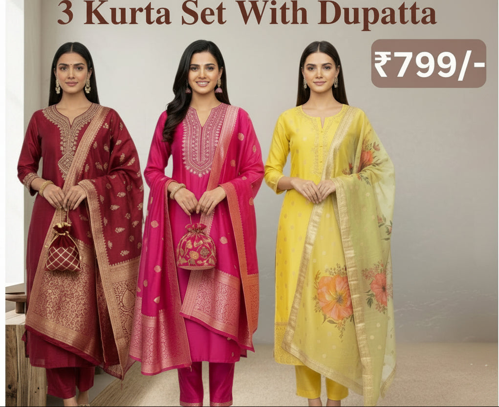 Women's Pack of 3 Pure Cotton Kurtis with Pant & Dupatta |C-02