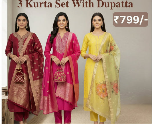 Women's Pack of 3 Pure Cotton Kurtis with Pant & Dupatta |C-02