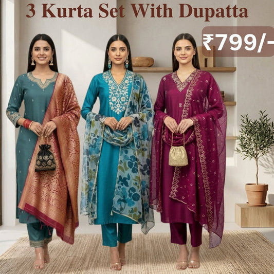 Women's Pack of 3 Pure Cotton Kurtis with Pant & Dupatta |C-03
