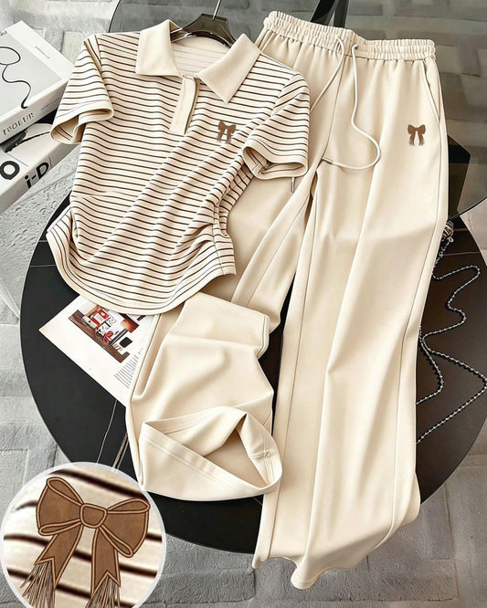 Women’s Elegant Comfort Co-Ord Set Stripe Beige