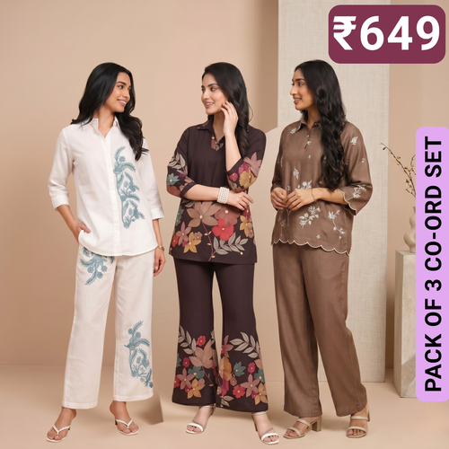 Pack of 3 Women’s Premium Printed Co-Ord Set Combo  (P-02)