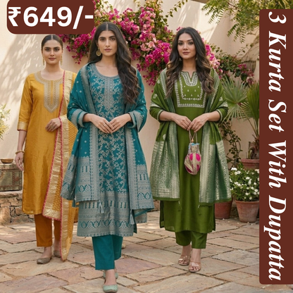 Women's Pack of 3 Pure Cotton Kurtas Pant Set & Dupatta |C-025