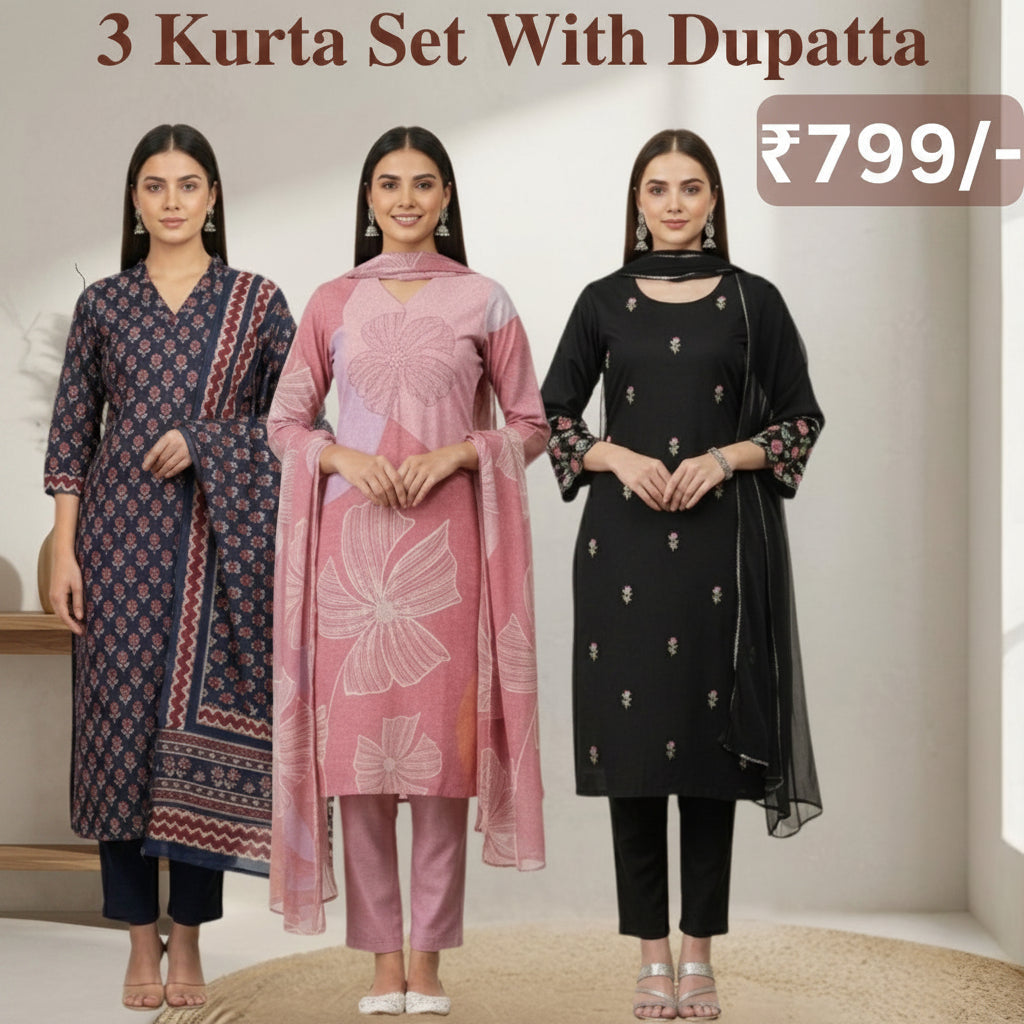 Women's Pack of 3 Pure Cotton Kurtis with Pant & Dupatta |C-04