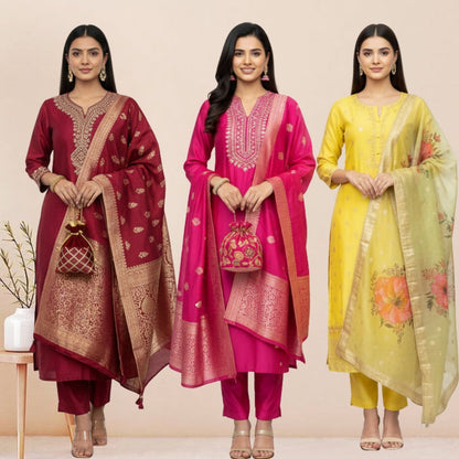 Women's Pack of 3 Pure Cotton Kurtis with Pant & Dupatta |C-02