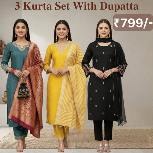 Women's Pack of 3 Pure Cotton Kurtis with Pant & Dupatta |C-05