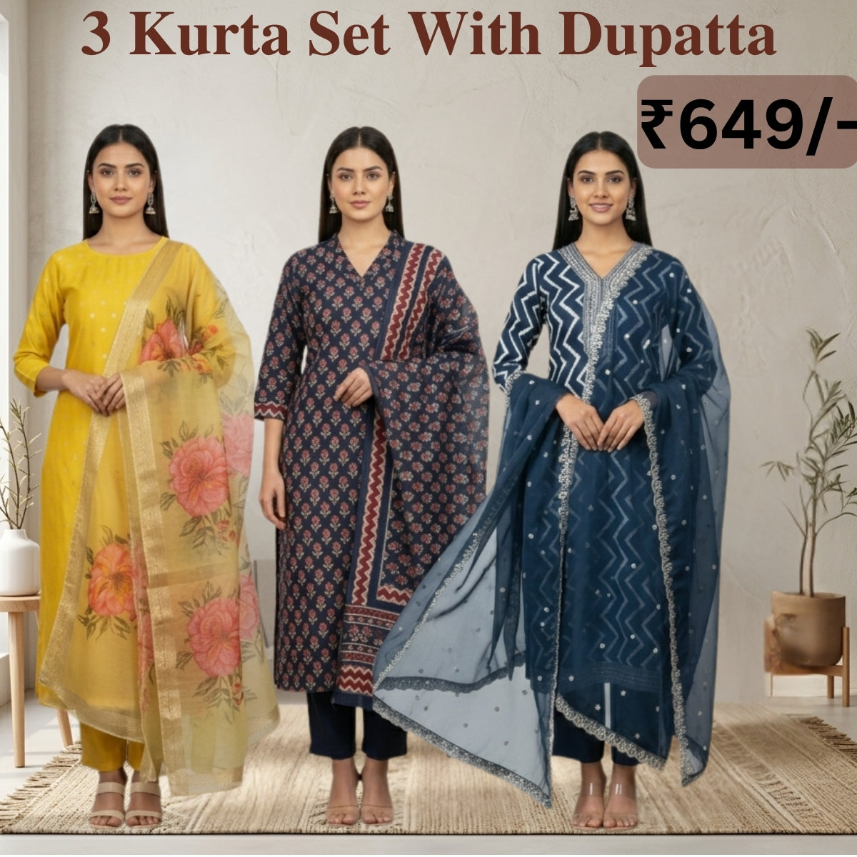 Women's Pack of 3 Pure Cotton Kurtis with Pant & Dupatta | C-06