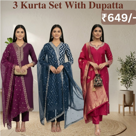 Women's Pack of 3 Pure Cotton Kurtas with Dupatta ||C-07