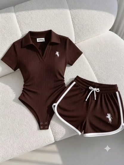 Women's Premium Ribbed Bodysuit & Contrast Shorts Co-ord Set