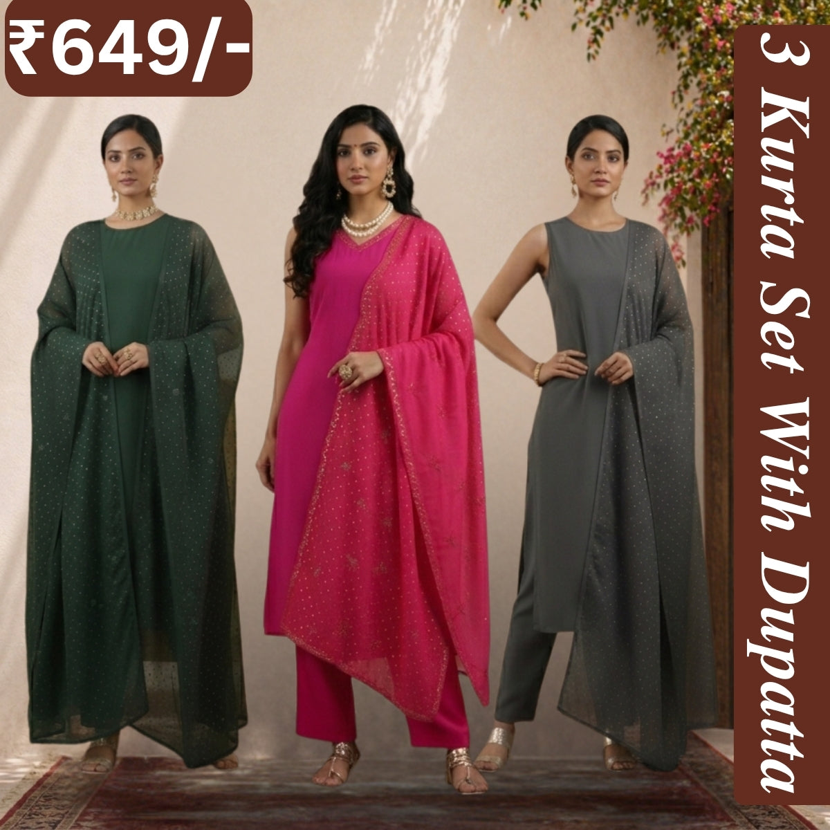 Women's Pack of 3 Pure Cotton Kurtis with Pant & Dupatta |C-016
