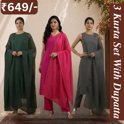 Women's Pack of 3 Pure Cotton Kurtis with Pant & Dupatta |C-016