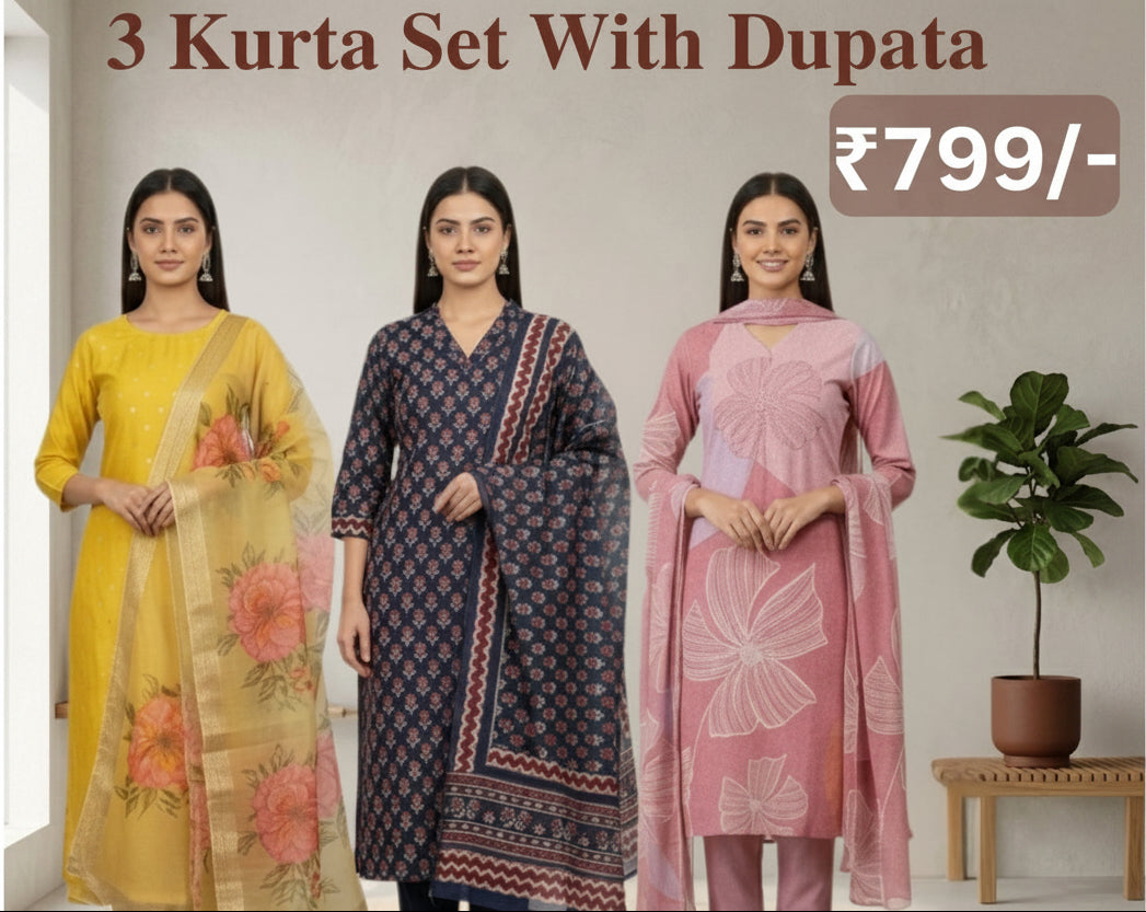 Women's Pack of 3 Pure Cotton Kurtis with Pant & Dupatta|C-09