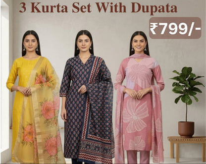 Women's Pack of 3 Pure Cotton Kurtis with Pant & Dupatta|C-09