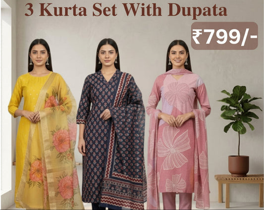 Women's Pack of 3 Pure Cotton Kurtis with Pant & Dupatta|C-09