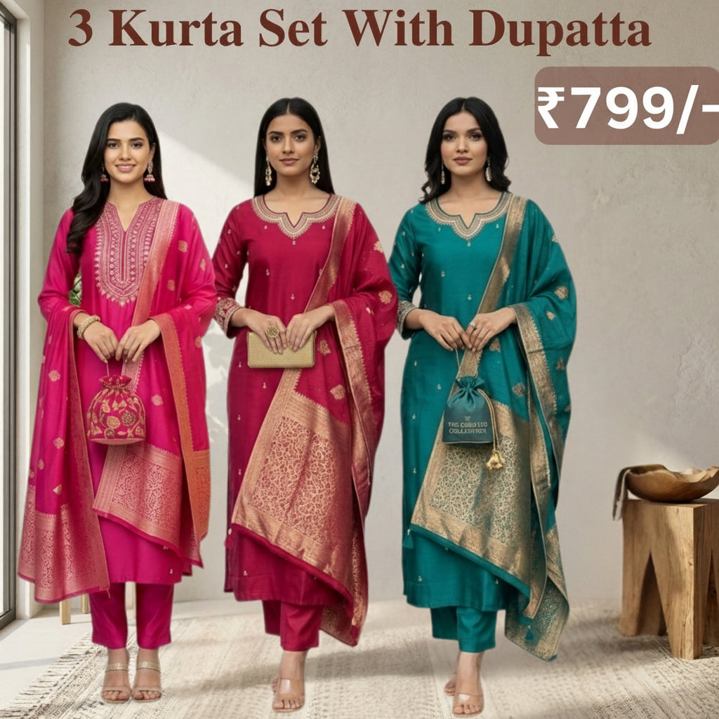 Women's Pack of 3 Pure Cotton Kurtis with Pant & Dupatta|C-10