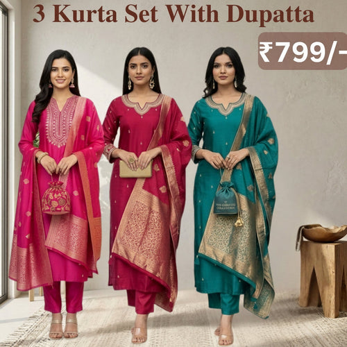 Women's Pack of 3 Pure Cotton Kurtis with Pant & Dupatta|C-10