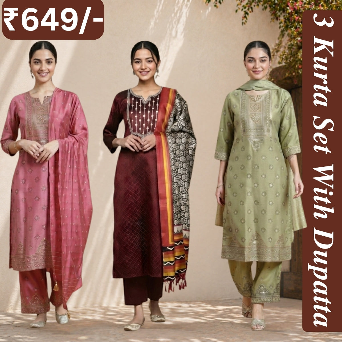 Women's Pack of 3 Pure Cotton Kurtis with Pant & Dupatta |C-015