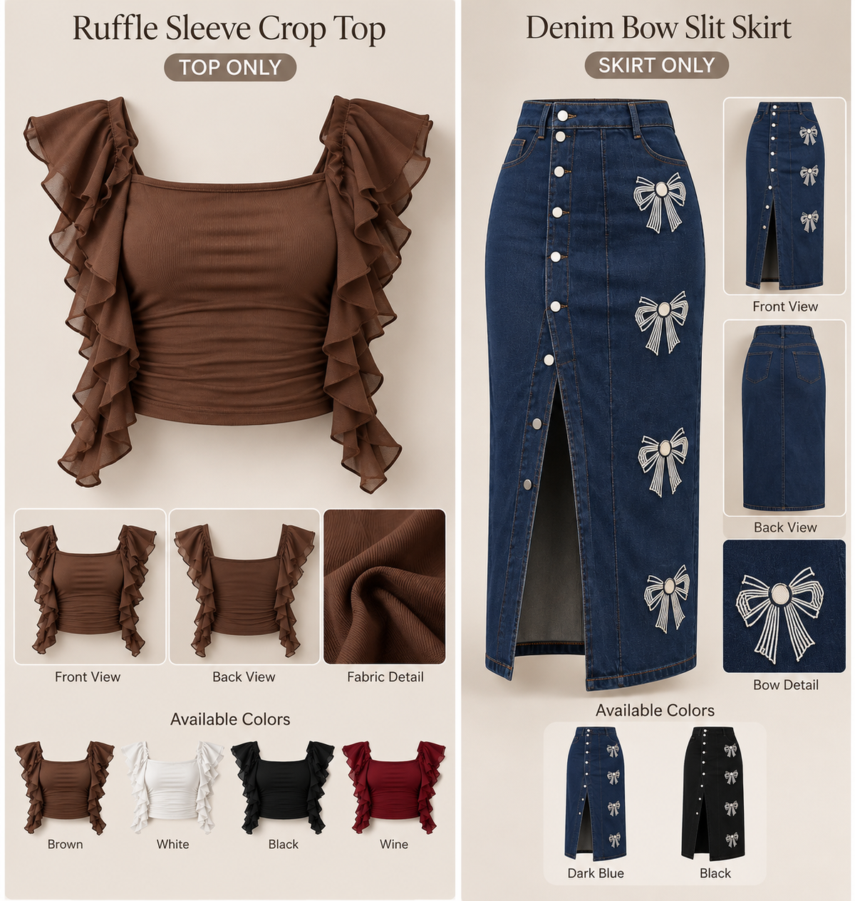 Chic Ruffle Sleeve Top & Bow Detail Denim Skirt Set