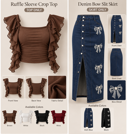 Chic Ruffle Sleeve Top & Bow Detail Denim Skirt Set