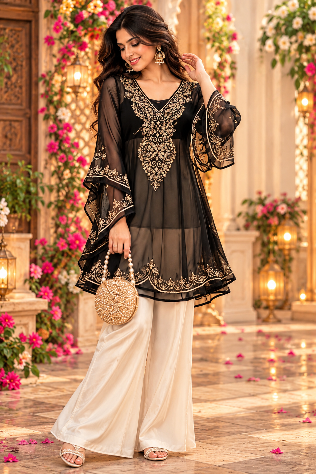 Women’s Black & Gold Embroidered Chiffon Kurti Set with Flared Sleeves – Festive & Party Wear