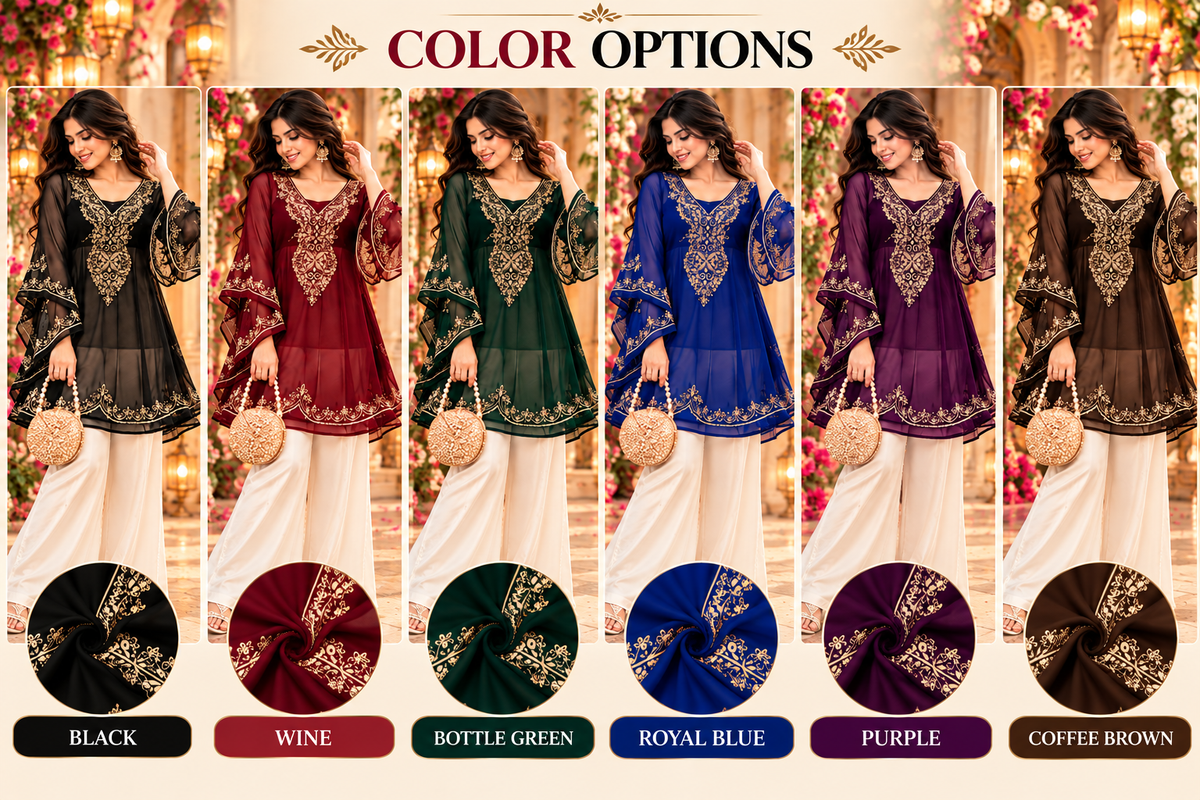 Women’s Black & Gold Embroidered Chiffon Kurti Set with Flared Sleeves – Festive & Party Wear
