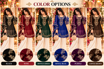 Women’s Black & Gold Embroidered Chiffon Kurti Set with Flared Sleeves – Festive & Party Wear