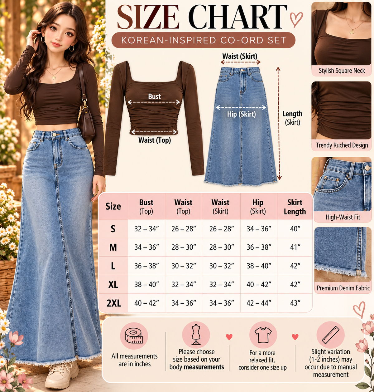Women’s Korean-Inspired Ruched Crop Top & Denim Maxi Skirt Co-Ord Set