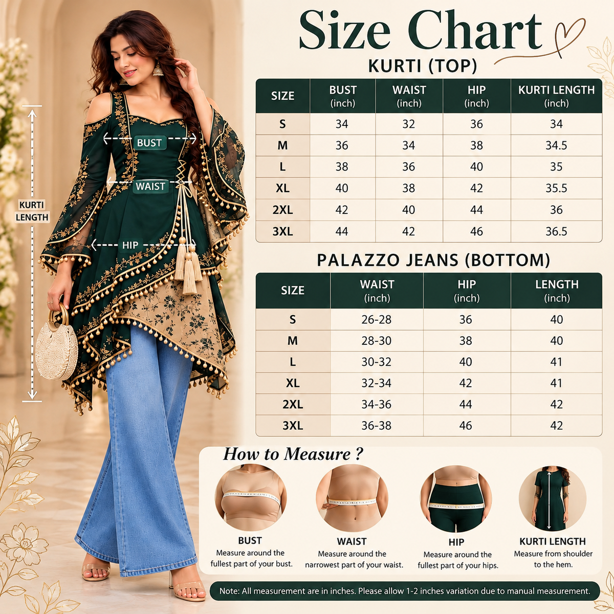 Emerald Green Embroidered Anarkali Kurti with Palazzo Jeans & Designer Dupatta