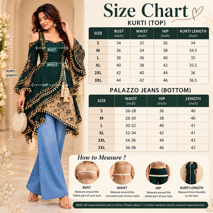 Emerald Green Embroidered Anarkali Kurti with Palazzo Jeans & Designer Dupatta