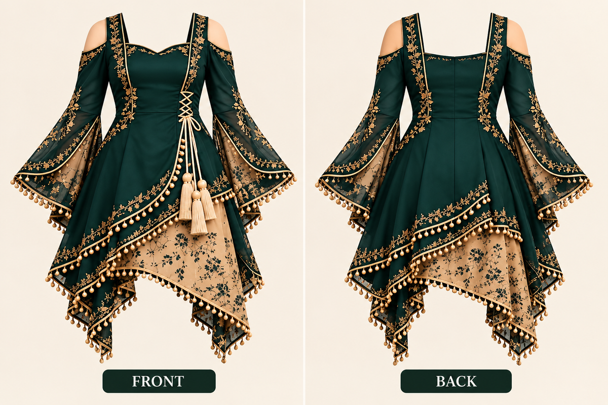 Emerald Green Embroidered Anarkali Kurti with Palazzo Jeans & Designer Dupatta