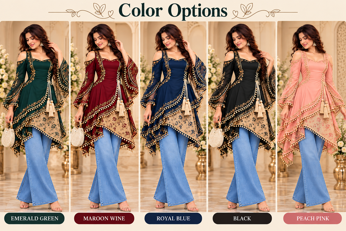 Emerald Green Embroidered Anarkali Kurti with Palazzo Jeans & Designer Dupatta