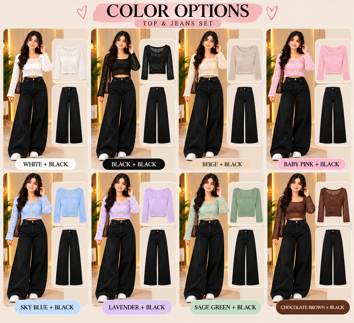 Women’s White Crochet Knit Crop Top with Black Wide-Leg Jeans – Trendy Western Co-Ord Look