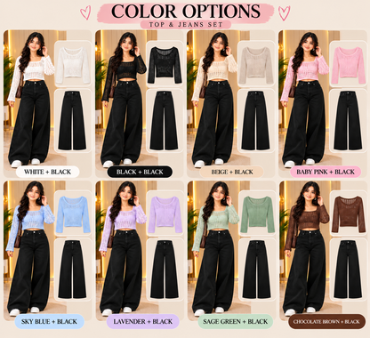 Women’s White Crochet Knit Crop Top with Black Wide-Leg Jeans – Trendy Western Co-Ord Look