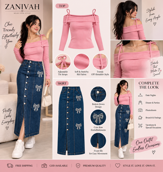 Chic Bow Embellished Denim Skirt & Off-Shoulder Top Co-Ord Set