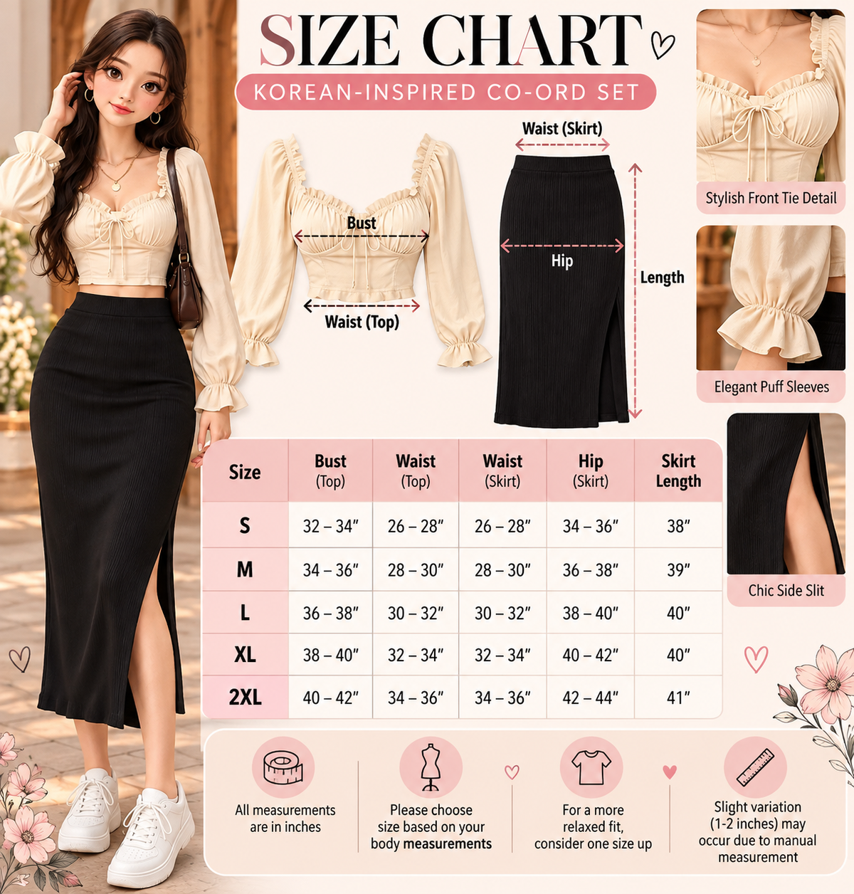 Women’s Elegant Korean-Inspired Crop Top & High-Waist Skirt Co-Ord Set