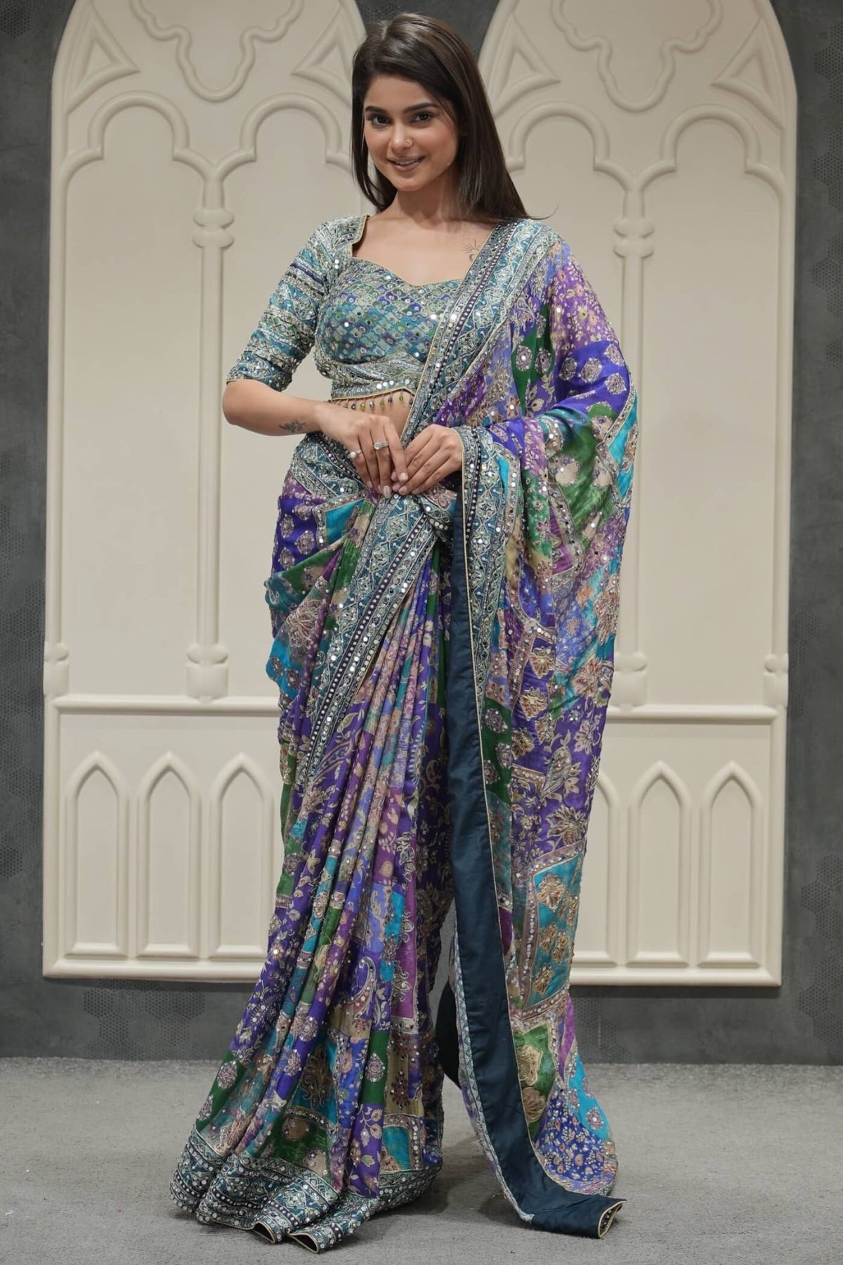 Preferable Multicolor Chinon Silk Printed Mirror Work Saree
