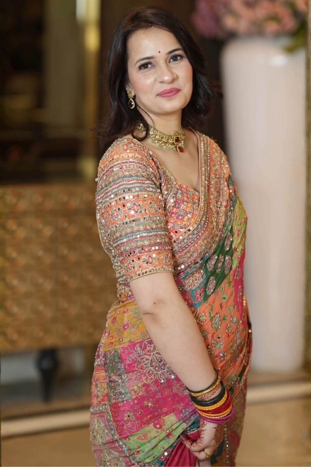 Surreptitious Multicolor Chinon Silk Printed Mirror Work Saree