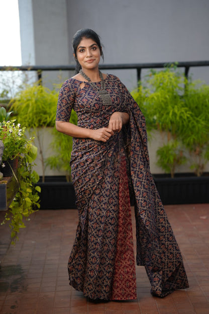 Admirable 1 Minute Ready To Wear Navy Blue Mul Cotton Digital Printed Saree With Pocket