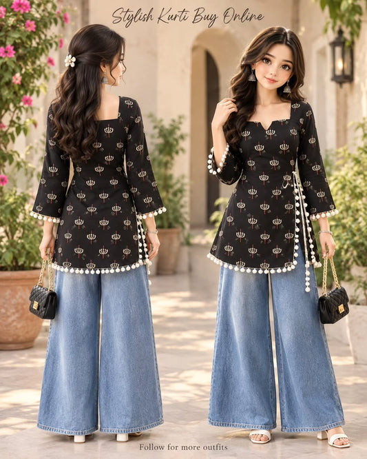 Printed Kurti with Wide-Leg Denim Style Set