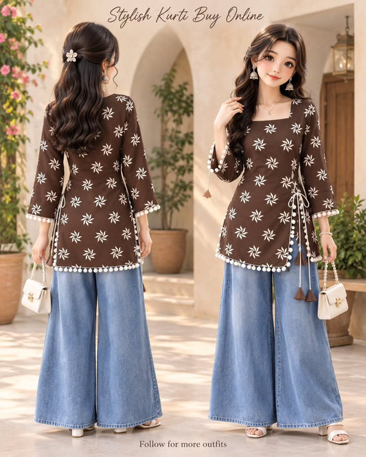 Printed Kurti with Wide-Leg Denim Set