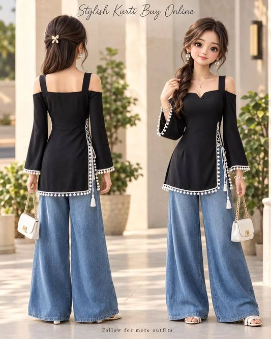 Printed Kurti with Wide-Leg Denim Set