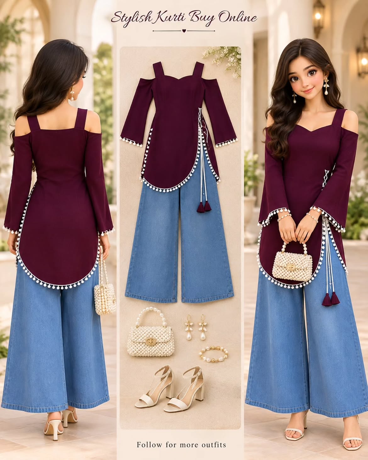 Printed Kurti with Wide-Leg Denim Set