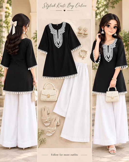 Printed Kurti with Wide-Leg Denim Set